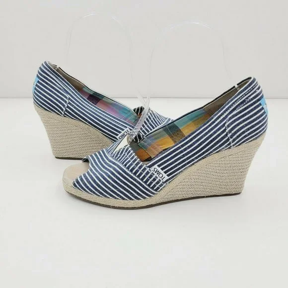 Toms Blue Striped Peep Toe Espadrille Wedge Sandal Size 7.5 - Picture 1 of 8